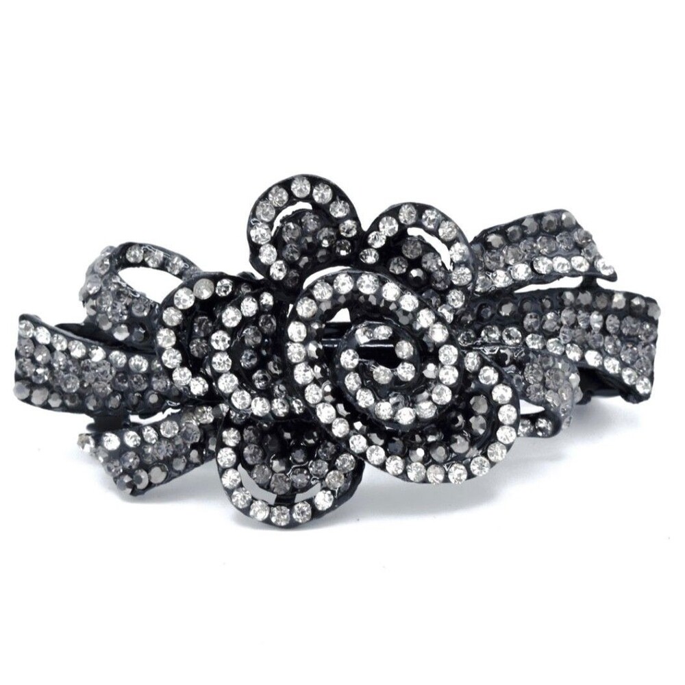 Beautiful Crystal Flower Gray and White Metal Barrette